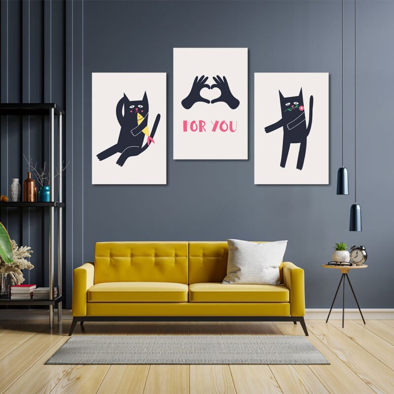 Greeting Poster for valentines day lovely cats 3 Panel Canvas Wall Art
