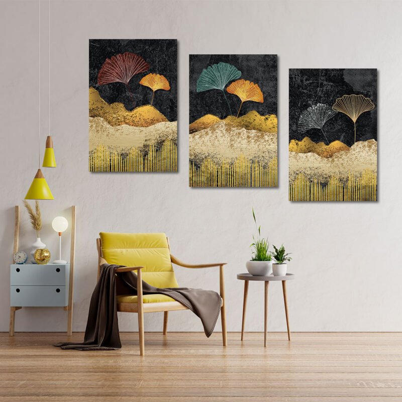 Golden mountains shapes lines feathers 3 Panel Canvas Wall Art