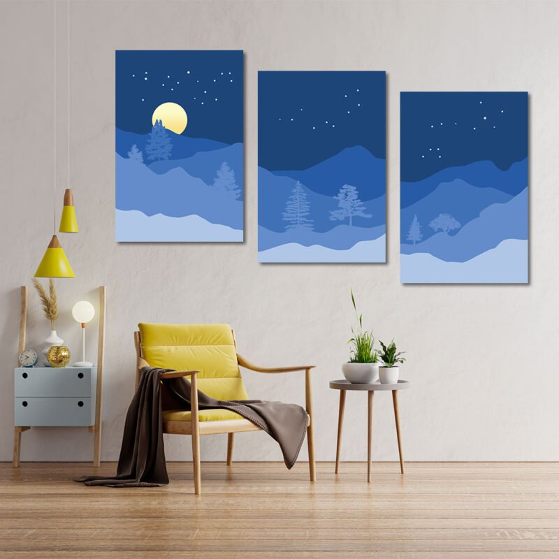 Abstract Mountain painting with Moon 3 Panel Canvas Wall Art