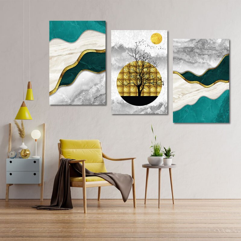 Modern art with 3d marble golden circles, sun & mountains 3 Panel Canvas Wall Art