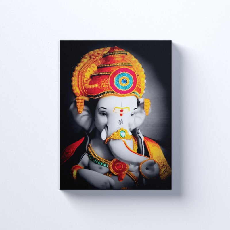 Ganpati Bappa with Golden Mukut Canvas Wall Art - Image 2