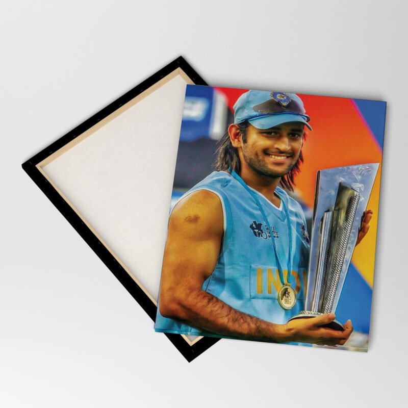M S Dhoni with World Cup 2011 Trophy Canvas Wall Art - Image 4